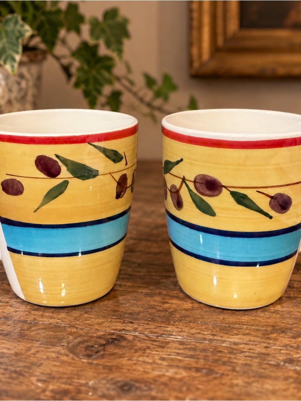Royal Norfolk Mediterranean Olive Stoneware Coffee Mugs Set of 2 Yellow Blue